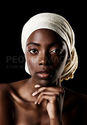 Buy stock photo Beauty, portrait and black woman with head scarf, natural makeup or creative aesthetic in studio. Art, skincare and traditional African girl on dark background with wrap, face cosmetics or confidence