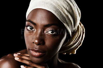 Buy stock photo Cosmetics, portrait and black woman with head wrap, natural makeup or creative aesthetic in studio. Art, skincare and serious African girl on dark background with scarf, facial beauty and confidence.