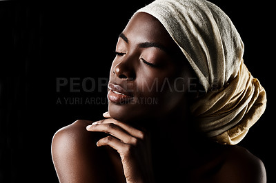 Buy stock photo Beauty, profile and black woman with head wrap, natural makeup or creative aesthetic in studio mockup. Art, skincare and African girl on dark background with scarf, facial cosmetics and confidence.