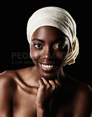 Buy stock photo Smile, portrait and black woman with head wrap, natural makeup and creative beauty aesthetic in studio. Art, skincare and African girl on dark background with scarf, facial cosmetics and confidence.