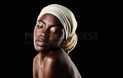 Buy stock photo Beauty, dark background and black woman with head scarf, natural makeup or creative aesthetic in mockup space. Art, skincare and African girl in studio with wrap, facial cosmetics and confidence.