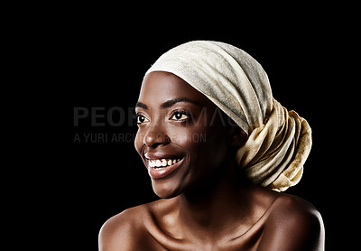 Buy stock photo Beauty, smile and black woman with head scarf, natural makeup or creative aesthetic in mockup space. Art, skincare and happy African girl on dark background with wrap, facial cosmetics and confidence