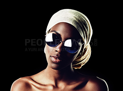 Buy stock photo Black woman, portrait and sunglasses with scarf for fashion or style on a dark studio background. Face of African female person or model with headwear and eyewear for stylish accessories on mockup