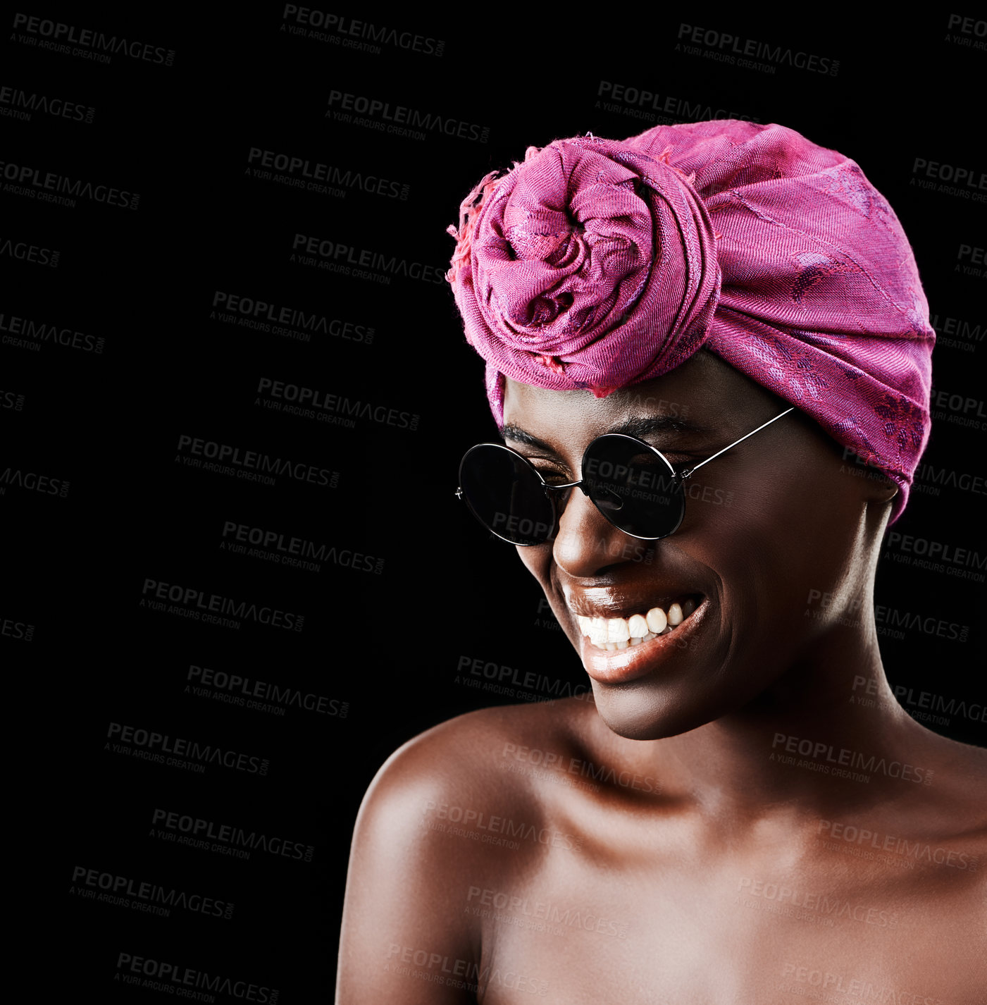 Buy stock photo Face, fashion and happy with African woman in studio isolated on black background for heritage. Aesthetic, smile and sunglasses with confident young person in trendy headwear for traditional style