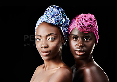 Buy stock photo African, scarf and portrait of women in studio for wellness, health and traditional hairstyle. Culture aesthetic, natural beauty and people with accessories, cosmetics and makeup on black background