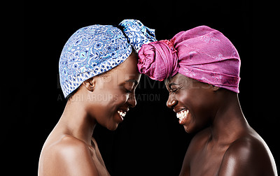 Buy stock photo Beauty, head scarf and African women in studio for wellness, health and hair care treatment. Skincare aesthetic, friends and happy people with accessories, cosmetics and makeup on black background