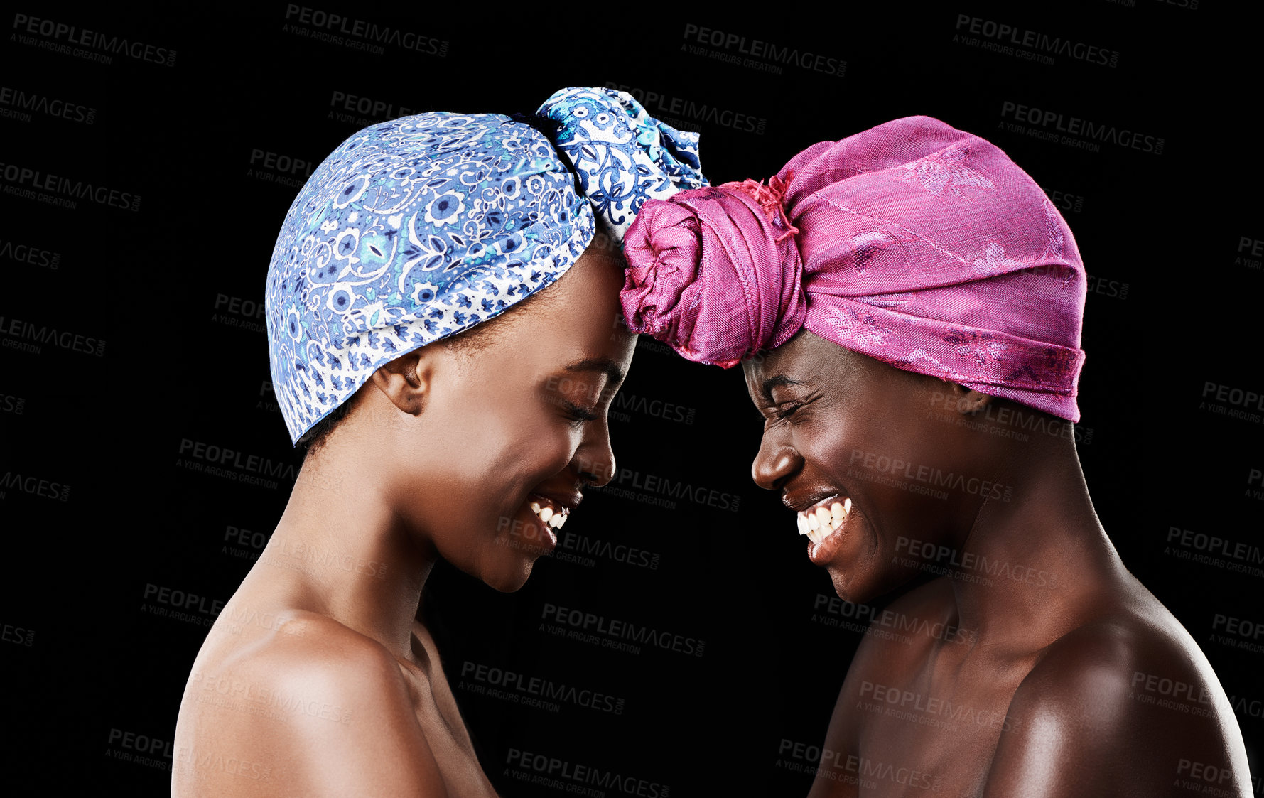 Buy stock photo Beauty, head scarf and African women in studio for wellness, health and hair care treatment. Skincare aesthetic, friends and happy people with accessories, cosmetics and makeup on black background