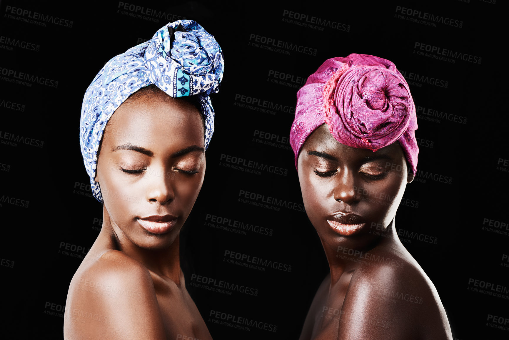 Buy stock photo Black women, head wrap and relax portrait with beauty, skincare and natural cosmetics in studio. Traditional, turban and African fashion with wellness and skin glow with makeup and dark background