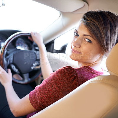 Buy stock photo Portrait, driving and woman on morning commute, road trip or journey to work in rental. Travel, transport and happy female driver at wheel of car with confidence, test drive and auto insurance.