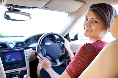 Buy stock photo Portrait, driving and happy woman on morning commute, road trip or business journey to work. Travel, transport and driver with smile at wheel of car with confidence, test drive and auto insurance.