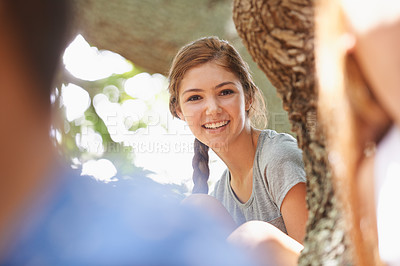 Buy stock photo Portrait, girl or smile to relax on break as friends in social, hangout or bonding together. Happy, female student or young woman on fun, weekend or leisure to chill as stress relief in spring
