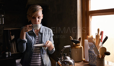Buy stock photo Morning, tea and woman in kitchen drink on calm break and routine process in home. Healthy, matcha or person in house with breakfast beverage to start holiday or vacation or relax with espresso latte