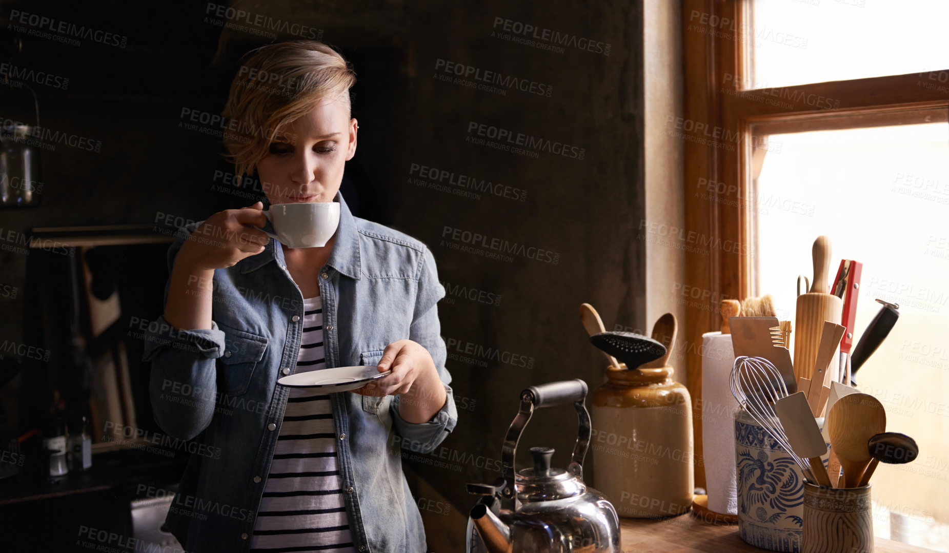 Buy stock photo Morning, tea and woman in kitchen drink on calm break and routine process in home. Healthy, matcha or person in house with breakfast beverage to start holiday or vacation or relax with espresso latte