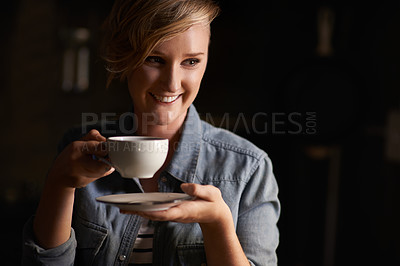 Buy stock photo Morning, tea and happy woman in kitchen thinking with drink on break or routine in home. Healthy, matcha or person in house with breakfast beverage to start day on holiday or vacation and relax