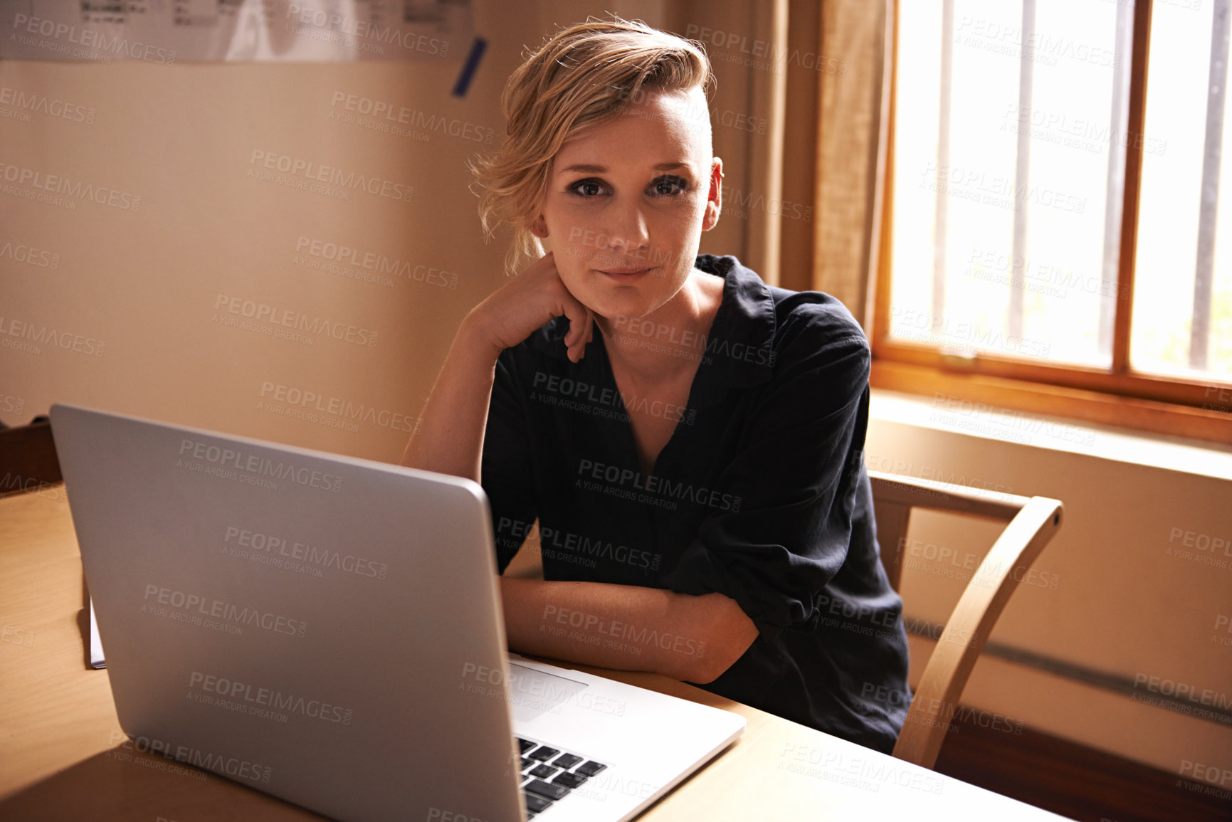 Buy stock photo Portrait, businesswoman and laptop in home office with confidence, technology and freelancer for remote work. Person, editor and pride face with computer by workspace for productivity and online blog
