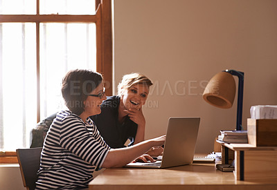 Buy stock photo Collaboration, laptop and research with business women in office together for planning or meeting. Computer, teamwork and internet with designer people in creative startup for information discussion