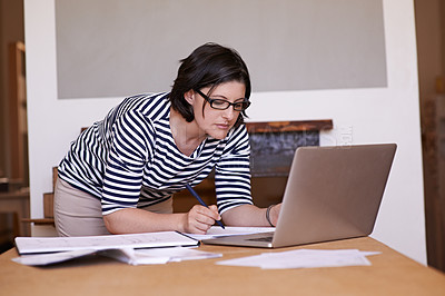 Buy stock photo Businesswoman, laptop and notes at desk, office and technology for working at home. Startup, research and computer for female designer in house, writing and notebook for business project planning