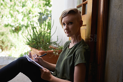 Buy stock photo Portrait, woman and writing notes in home on floor for education, schedule or planning by garden. Face, notepad and serious student with creative ideas, information or learning with journal in Sweden