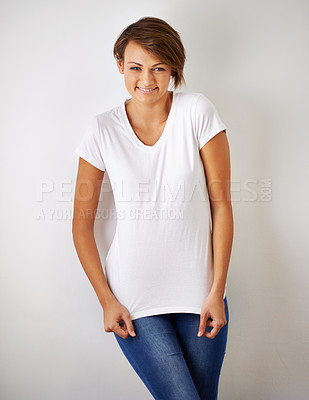 Buy stock photo Portrait, fashion and smile with young woman in studio on white background for casual or relaxed style. Model, happy and clothes with confident person in trendy clothing outfit for natural chic