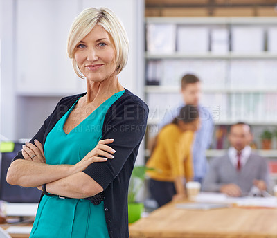 Buy stock photo Businesswoman, arms crossed and portrait in office or workplace for presentation or meeting with confidence. Mature person, entrepreneur and corporate at work professional or formal in boardroom