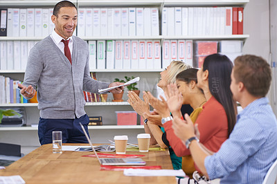 Buy stock photo Business people, meeting and applause for presentation, discussion and motivation in office. Colleagues, communication and cheering or clapping for strategy, celebration and agreement in boardroom