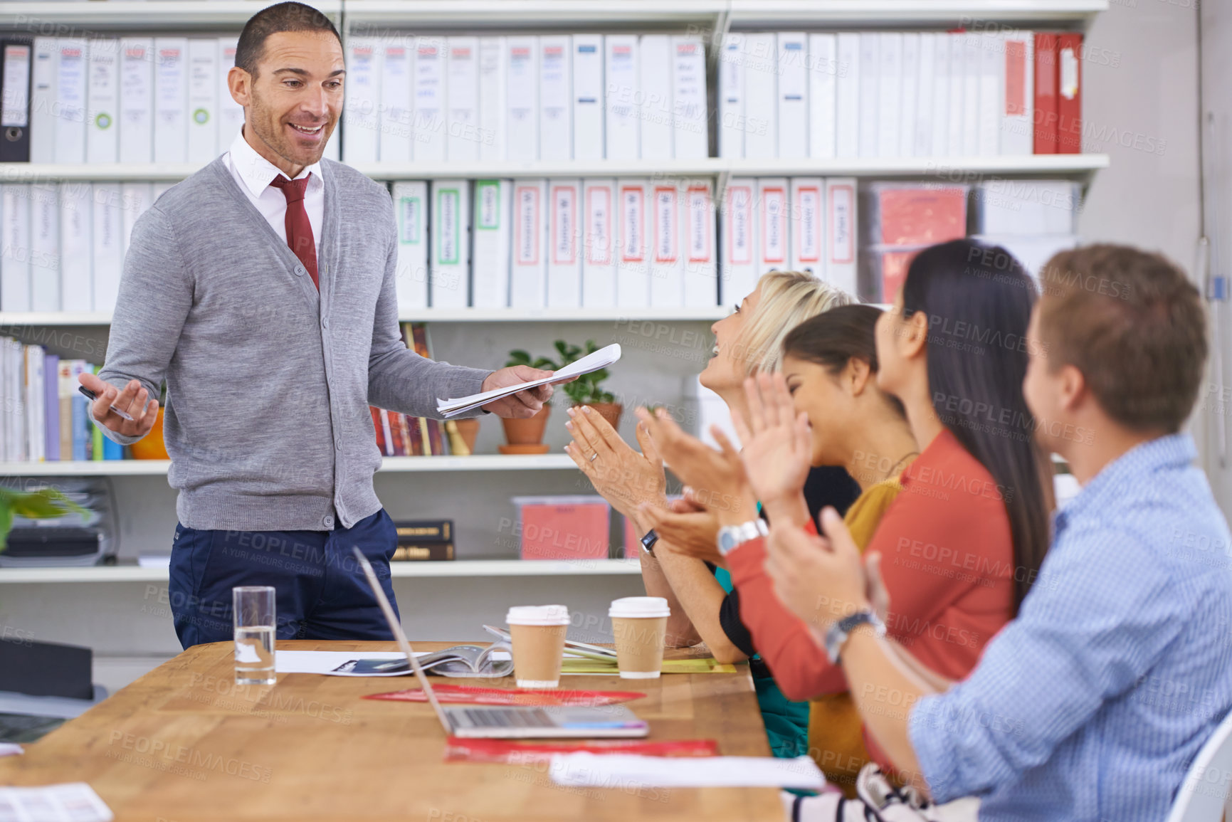 Buy stock photo Business people, meeting and applause for presentation, discussion and motivation in office. Colleagues, communication and cheering or clapping for strategy, celebration and agreement in boardroom