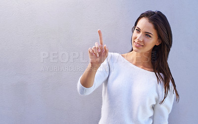 Buy stock photo Fashion, smile and pointing for happy woman, advertising and mockup space on studio background. Product, placement and gesture to marketing or sales, promotion or announcement by female model  