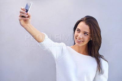 Buy stock photo Happy, woman and selfie smile of female person on social media post for browsing and information search. Internet, online photo and web connection for communication and technology with young girl