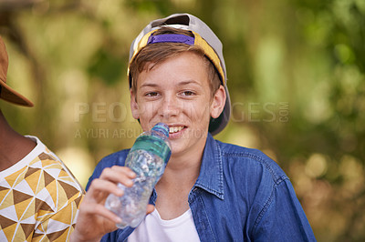 Buy stock photo Portrait, smile and drinking water with boy child outdoor at camp for journey, outing or trip. Face, nature and summer with happy young kid in forest or woods for adventure, camping or hiking