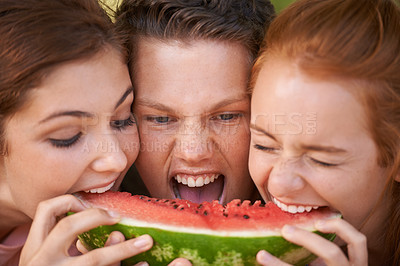 Buy stock photo Group, friends and eating watermelon with food, bonding together and fun with happiness and funny. Fruit, people and outdoor with nutrition and healthy with wellness and cheerful with weekend break