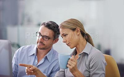 Buy stock photo Professional business people working together on a computer, doing quality assurance and looking at information. A corporate man and woman thinking of ideas and analyzing investment statistics