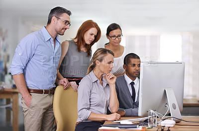 Buy stock photo Group, collaboration and help team on computer with mentor training employees in IT at office. People, reading and learning with support and coaching staff on software with feedback on project