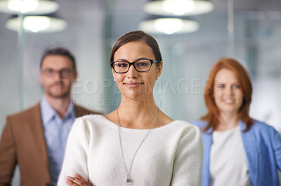Buy stock photo Portrait, woman or business with team, leadership or confidence in staff diversity in Amsterdam. Businesswoman, office worker or colleague in commitment together in professional, corporate or company