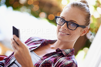 Buy stock photo Woman, portrait and happy with phone outdoor for communication, social media and online with mobile chat. Person, face and smile with smartphone for text message, internet scroll and email with bokeh