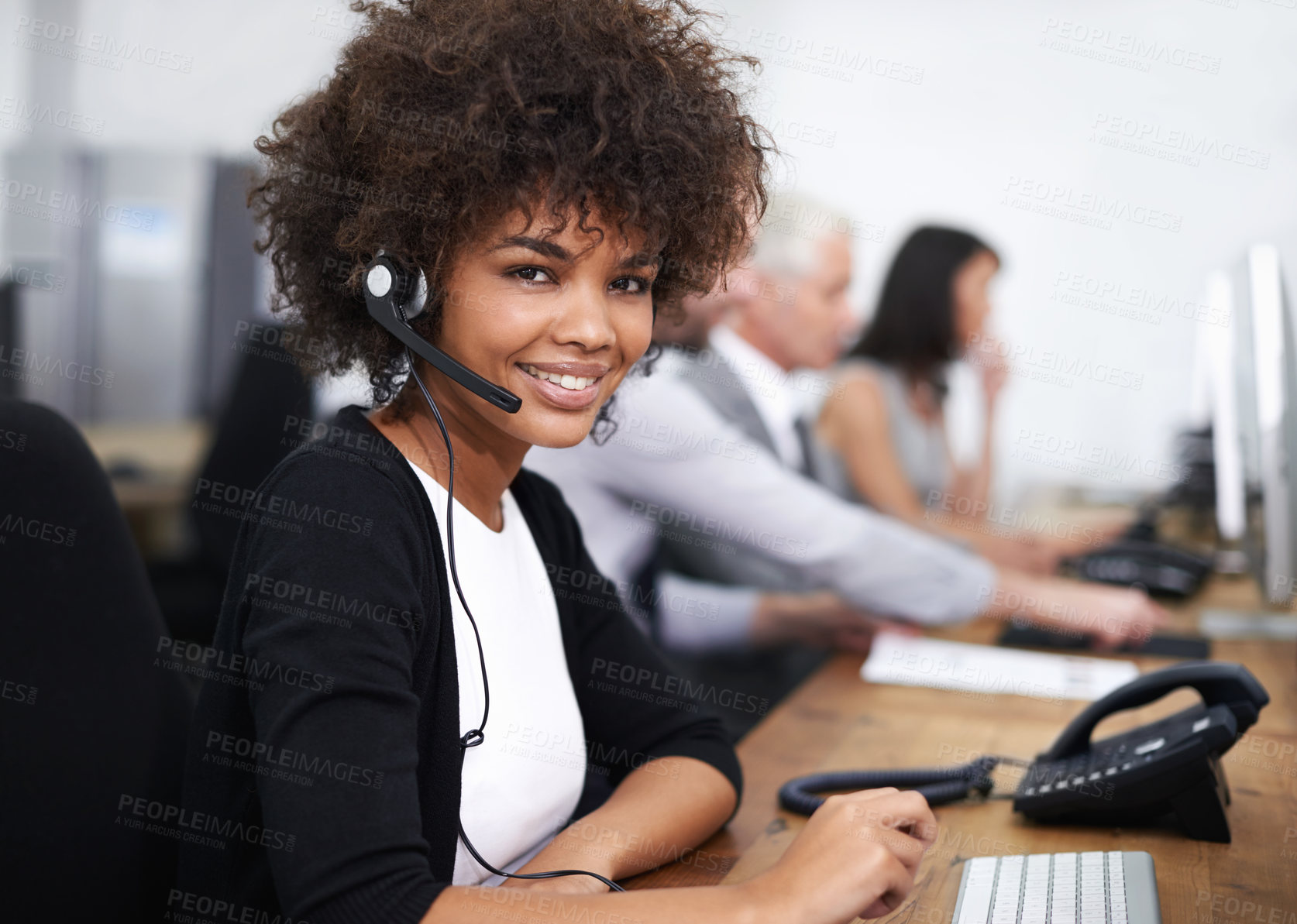Buy stock photo Customer service, smile and portrait of woman in office with headset working on online telemarketing consultation. Happy, call center and female consultant with crm communication in workplace