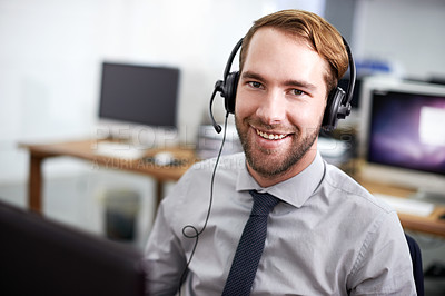 Buy stock photo Portrait, call center and man with a smile, telemarketing and customer service with a headset. Face, male employee and happy consultant with headphones, tech support and communication with cm company