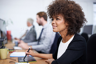 Buy stock photo Smile, notebook and journalist in office with thinking for research, brainstorming or planning for article. Black woman, pen and productivity desk for idea, schedule or business project at workplace