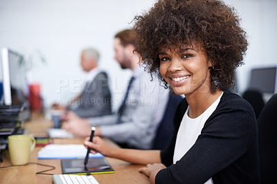 Buy stock photo Woman, smile and portrait of graphic designer with keyboard for sketch research, digital art or planning. Table, pen and black person with confidence for startup, business or new job in office