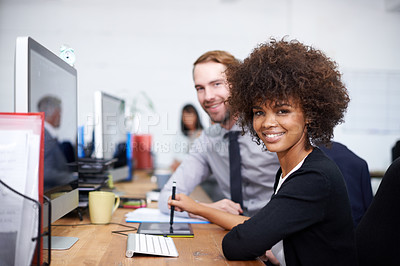 Buy stock photo Smile, monitor and portrait of employees in office with confidence for research, planning or teamwork. Pen, desk and colleagues with technology for career, collaboration and schedule together