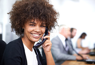 Buy stock photo Woman, portrait and landline in office for customer service with telemarketing, help desk and happiness. Call center, employee and face of consultant with telephone for support, telesales and advice