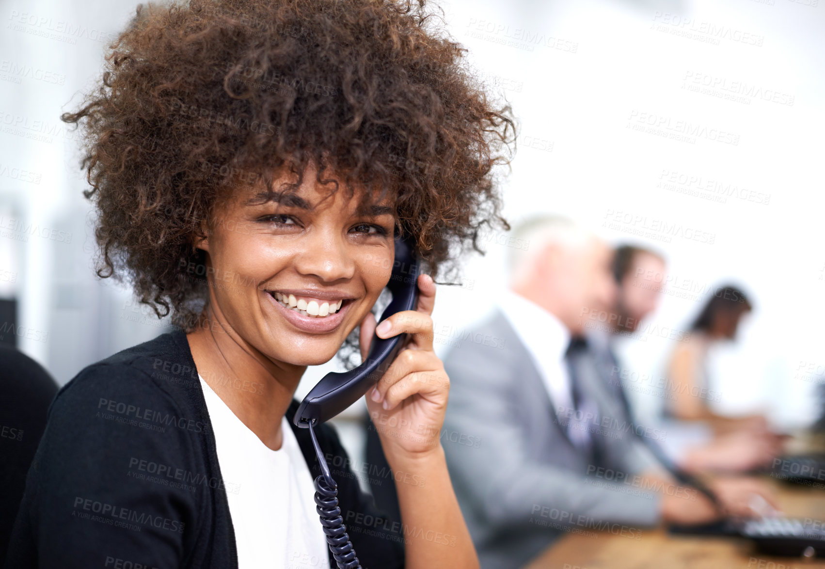 Buy stock photo Woman, portrait and landline in office for customer service with telemarketing, help desk and happiness. Call center, employee and face of consultant with telephone for support, telesales and advice