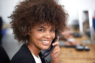 Buy stock photo Woman, portrait and phone call in office for customer service with telemarketing, help desk and happiness. Call center, employee and face of consultant with telephone for support, telesales or advice