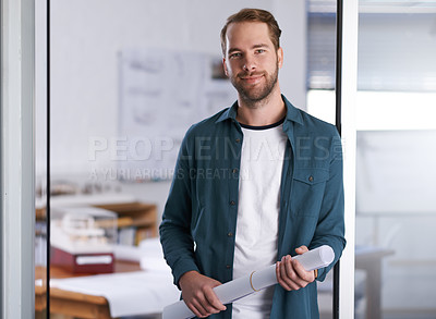 Buy stock photo Portrait of a happy young architect standing in his office