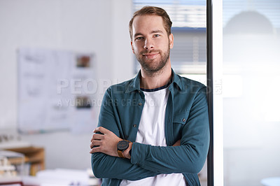 Buy stock photo Portrait, architecture and arms crossed with designer man in office, ready for building, design or project management. Architect, construction and industry with confident young developer in workplace