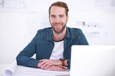 Buy stock photo Portrait, laptop and blueprint with architecture man in office with documents for building, design or planning. Architect, construction and industry with confident young developer in workplace