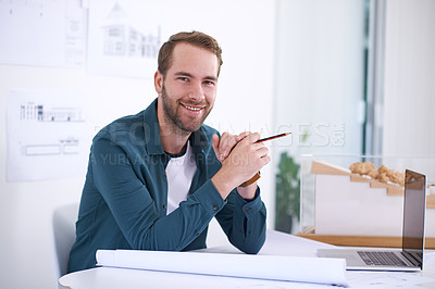 Buy stock photo Portrait, laptop and drafting with architect man in office with documents for building, design or planning. Architecture, construction and blueprint with confident young developer in workplace