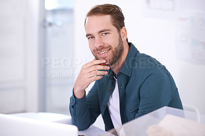 Buy stock photo Portrait, smile and blueprint with man developer in office with documents for building, design or planning. Architect, construction and industry with confident young designer in creative workplace