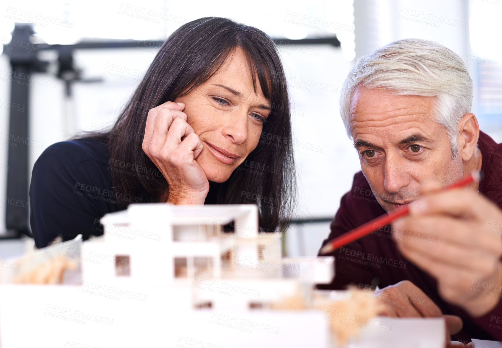 Buy stock photo Architecture, collaboration and model with designer business people in office for project development. Building, construction or teamwork with man and woman architect team in workplace for planning