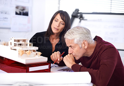 Buy stock photo Architecture, building design and business people with model, problem solving and cooperation. Planning, brainstorming or teamwork for project, ideas and meeting with creativity, engineer or thinking