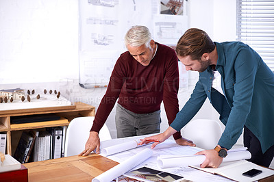 Buy stock photo Coworker, men and blueprint with design at office with pencil for drawing a building renovation, construction and project as architects. Business, people and teamwork on task, draft and layout
